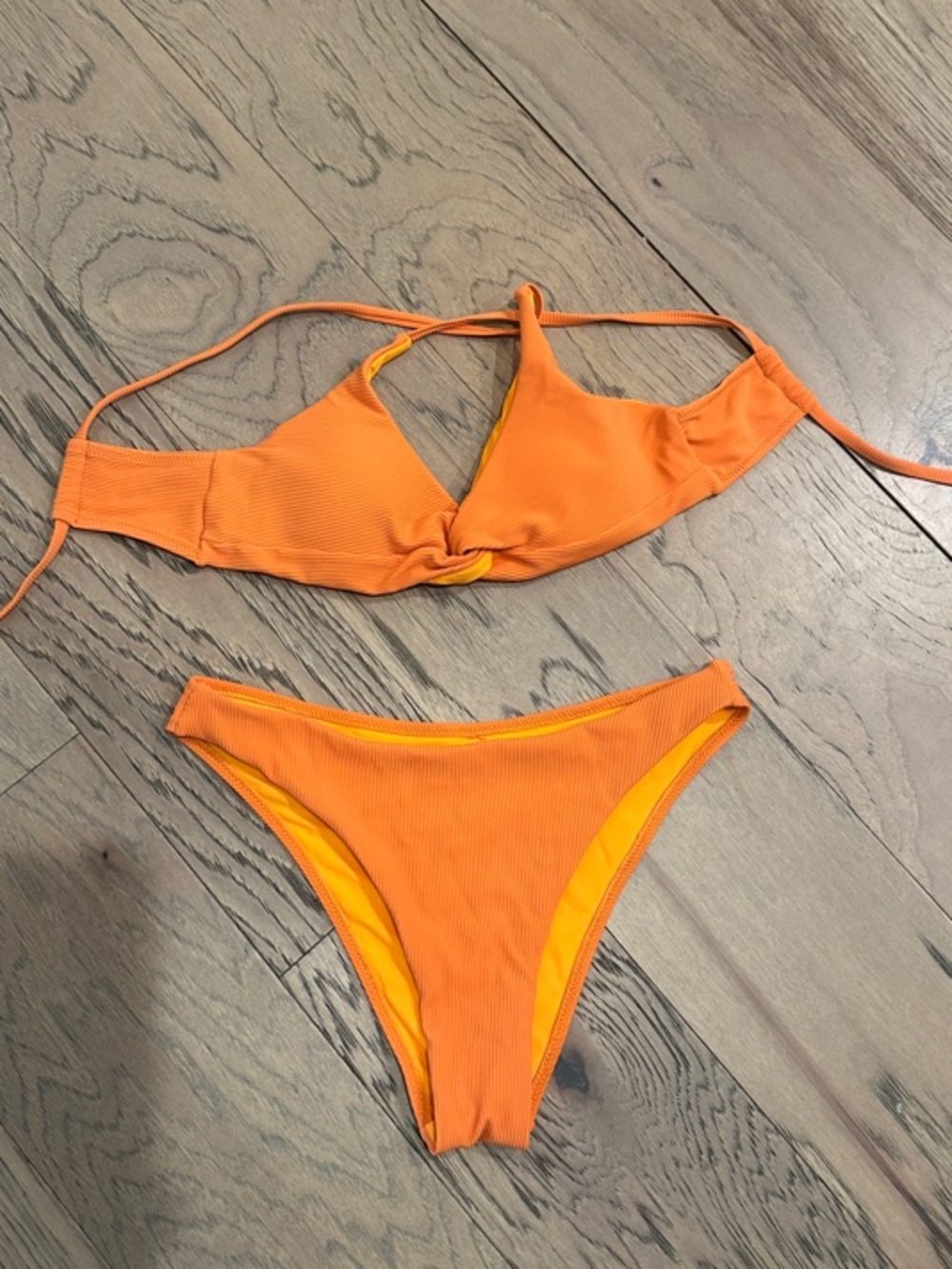 Orange Ribbed Twist-Front Bikini Set